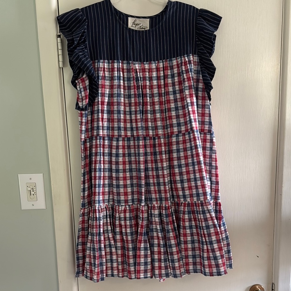 Blue and Red Ruffled Sundress with Flutter Sleeves